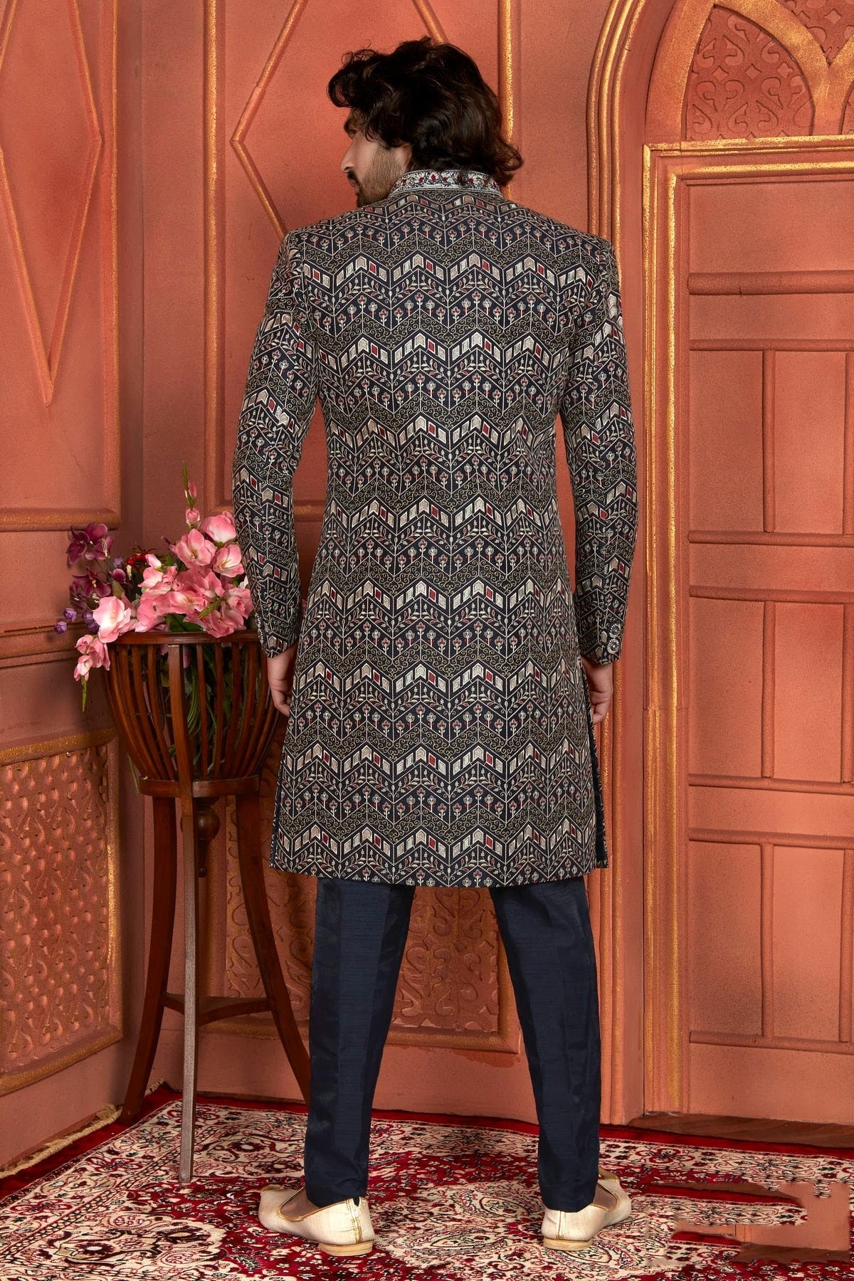 Navy Blue Colour Art Silk Indowestern Sherwani With Aligadhi Pant SH1230012 B