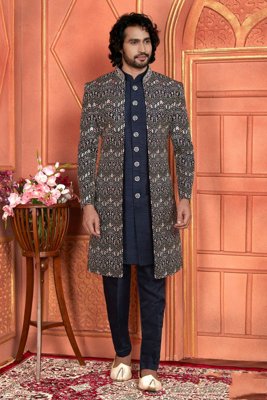 Navy Blue Colour Art Silk Indowestern Sherwani With Aligadhi Pant SH1230012