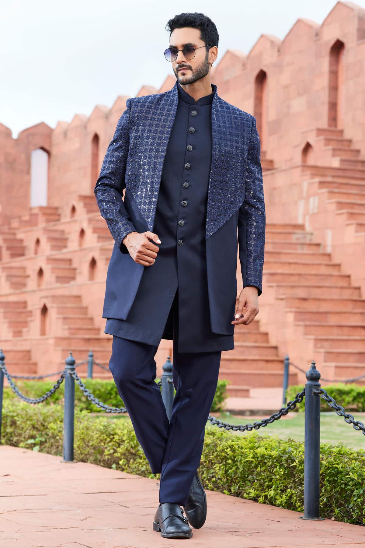 Navy Blue Colour Art Silk Thread Embroidery Work 3 Pcs Jacket Set