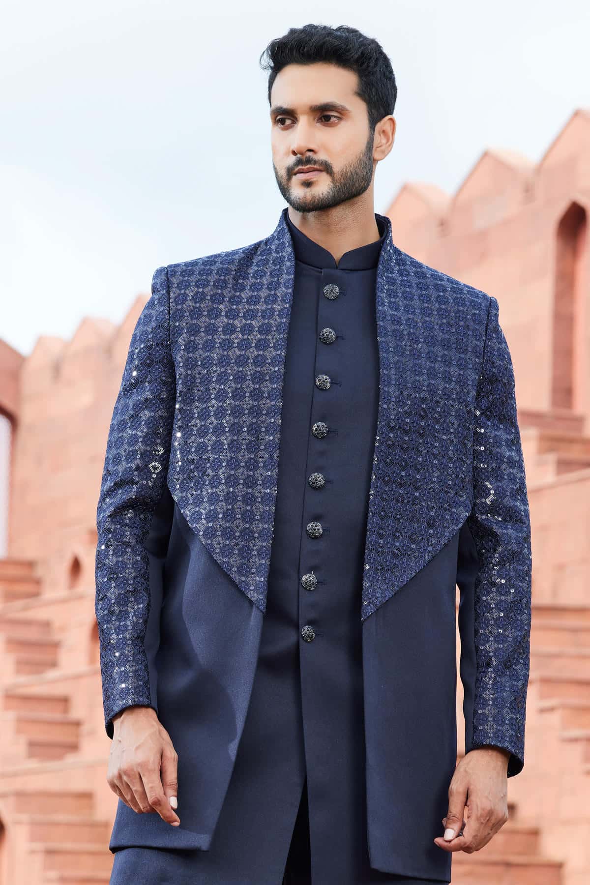 Navy Blue Colour Art Silk Thread Embroidery Work 3 Pcs Jacket Set