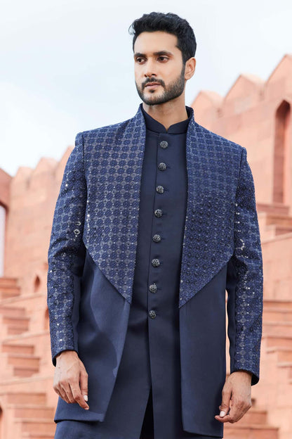 Navy Blue Colour Art Silk Thread Embroidery Work 3 Pcs Jacket Set