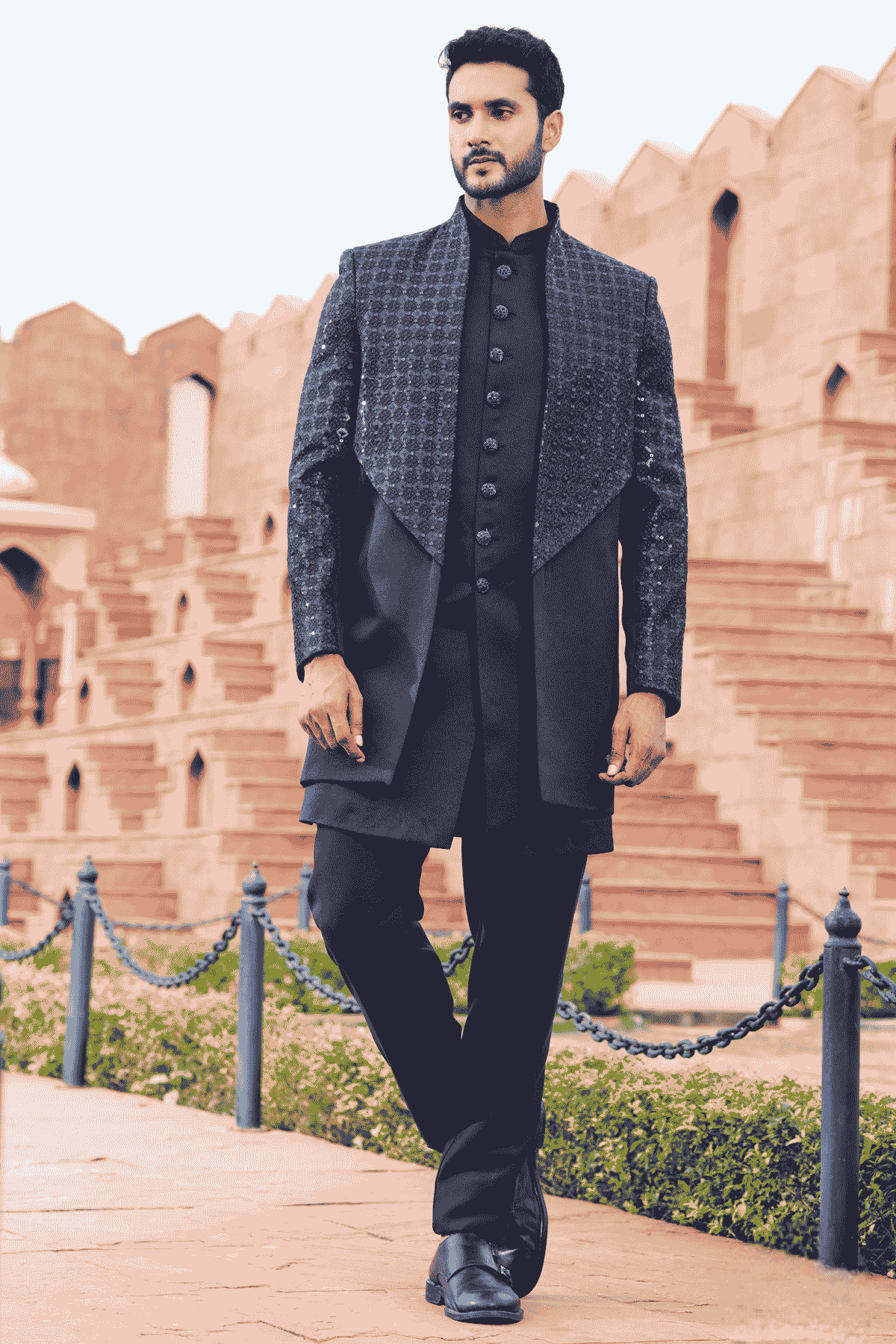 Navy Blue Colour Art Silk Thread Embroidery Work 3 Pcs Jacket Set