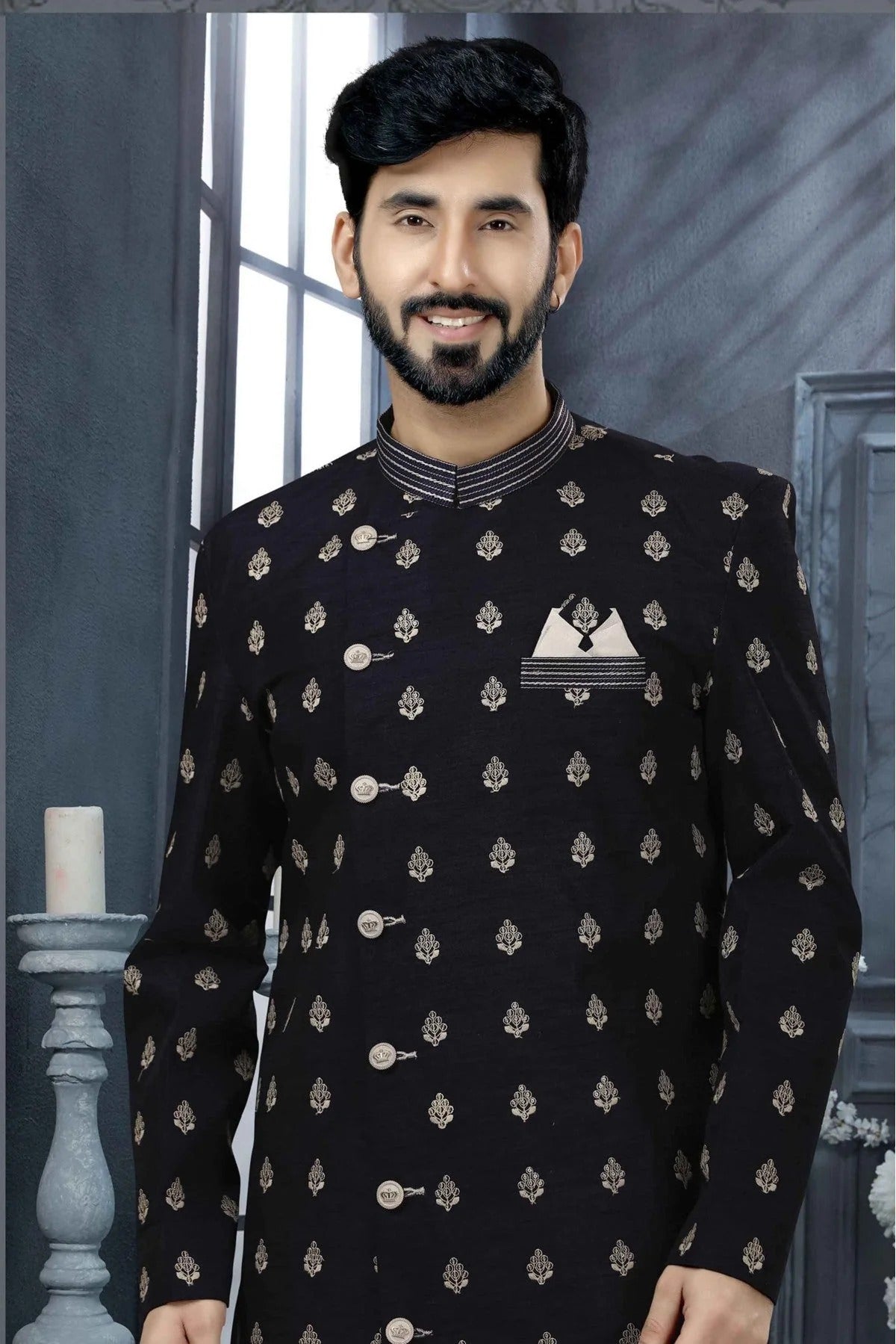 Navy Blue Colour Art Silk Thread Work Sherwani SH1040337 A