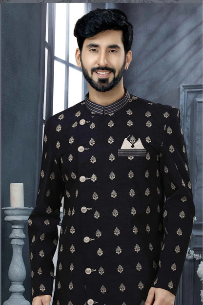 Navy Blue Colour Art Silk Thread Work Sherwani SH1040337 A