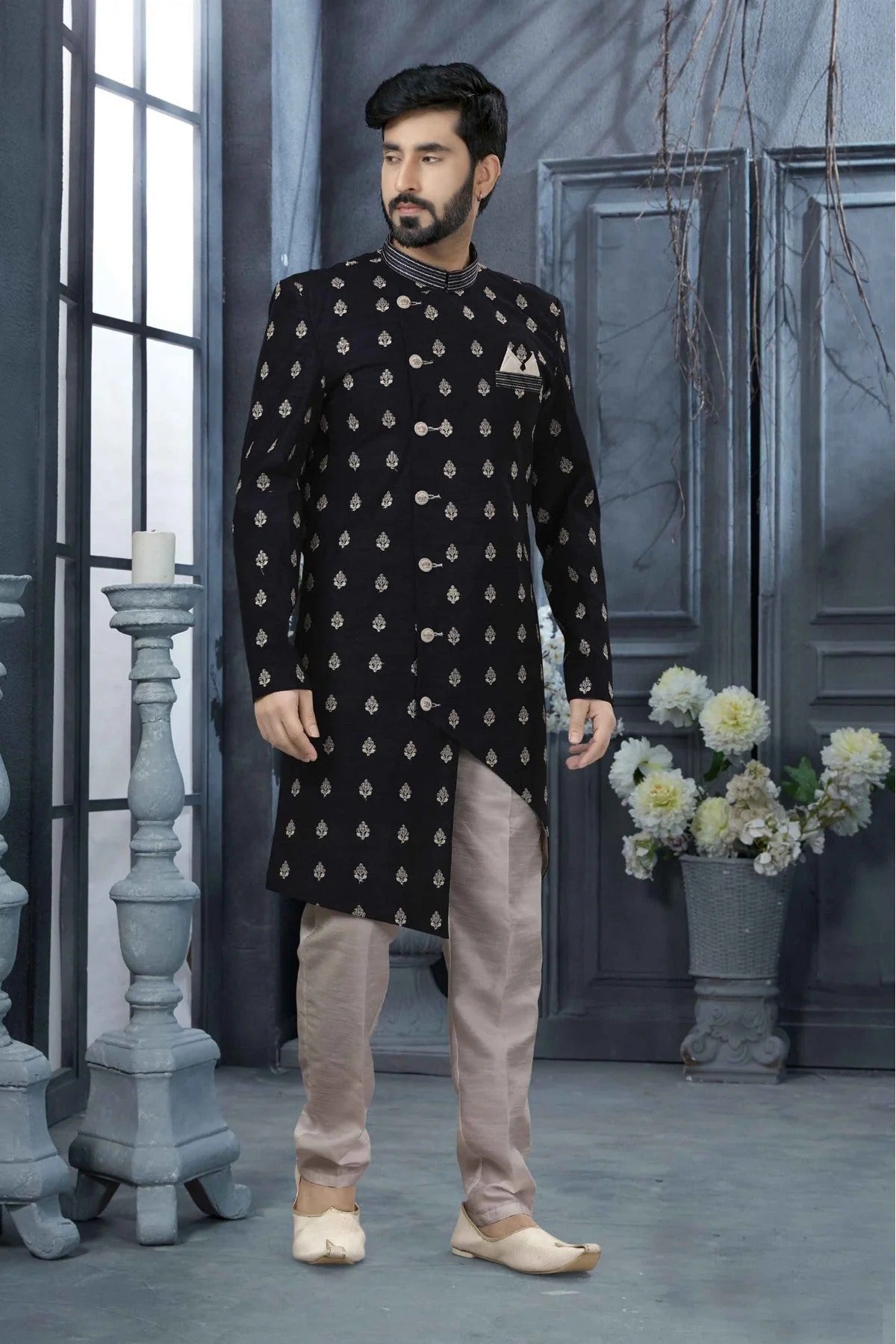 Navy Blue Colour Art Silk Thread Work Sherwani SH1040337