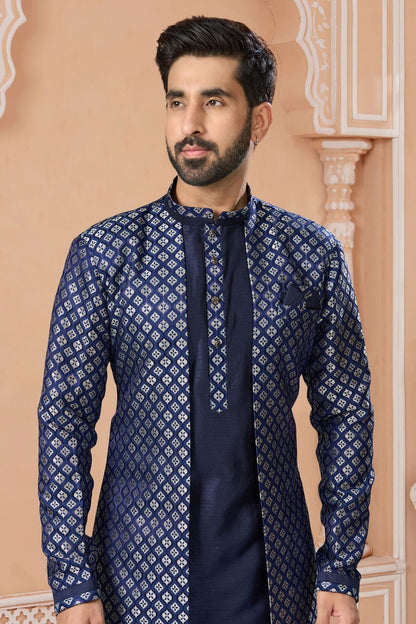 Navy Blue Colour Banarasi Jacquard Sherwani SH1040573 A
