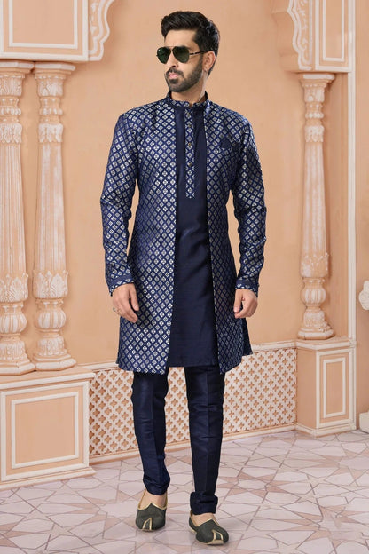 Navy Blue Colour Banarasi Jacquard Sherwani SH1040573