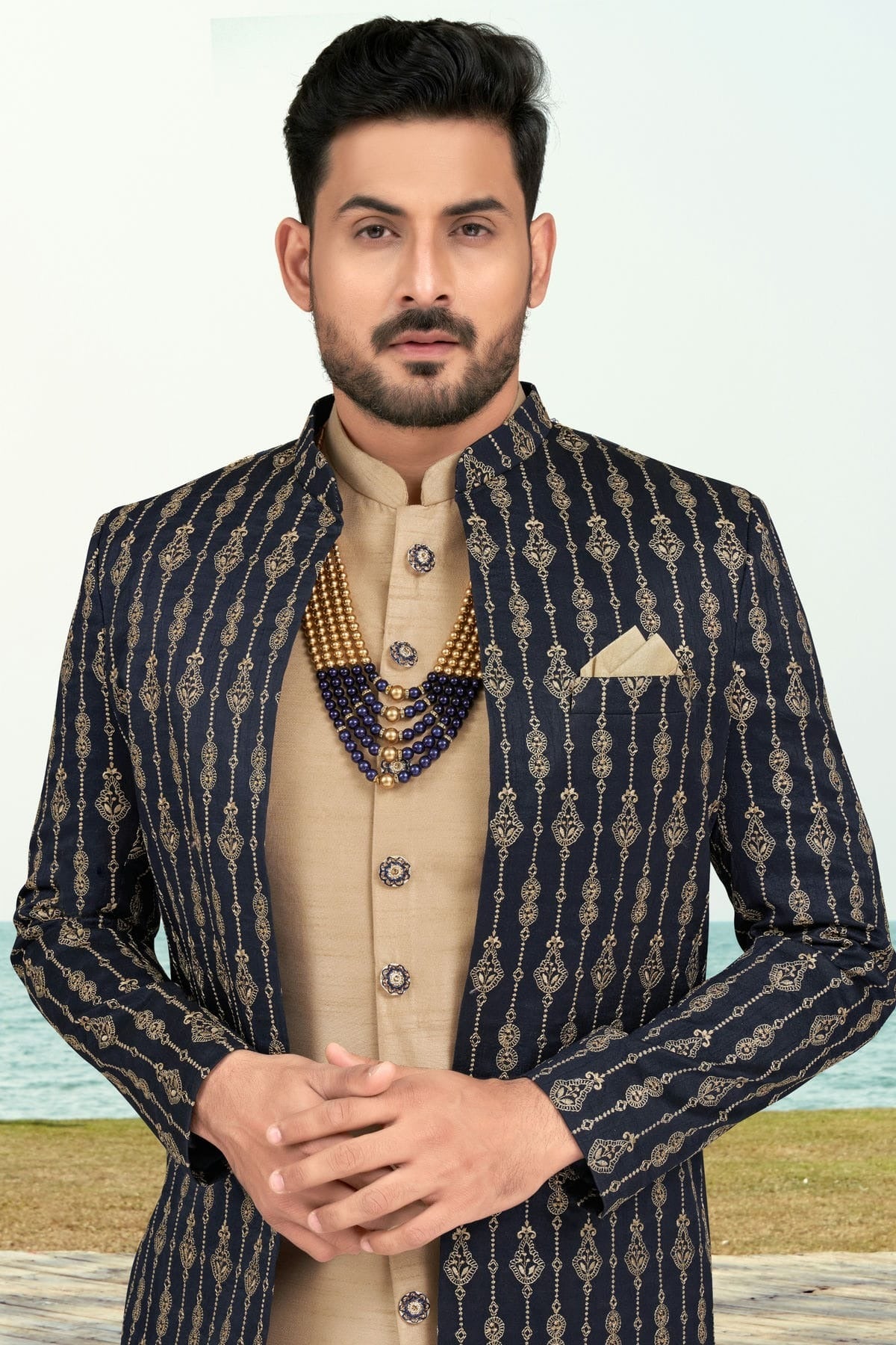 Navy Blue Colour Banarasi Silk Sherwani SH1040523 A