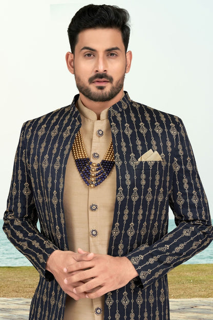 Navy Blue Colour Banarasi Silk Sherwani SH1040523 A