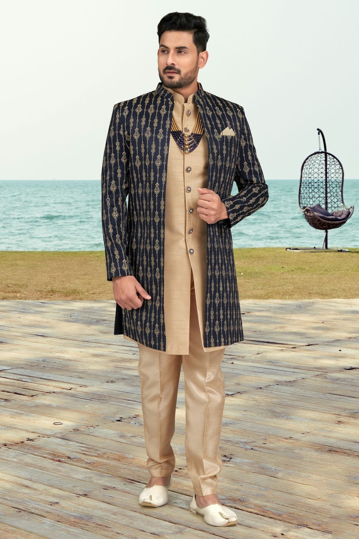 Navy Blue Colour Banarasi Silk Sherwani SH1040523