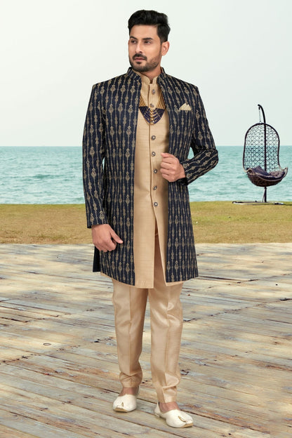Navy Blue Colour Banarasi Silk Sherwani SH1040523