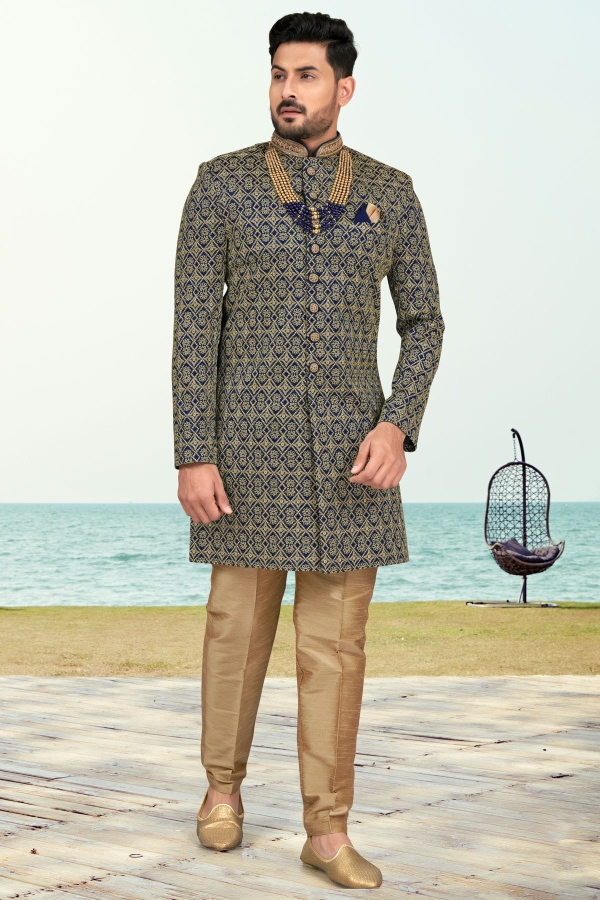 Navy Blue Colour Banarasi Silk Sherwani SH1040531