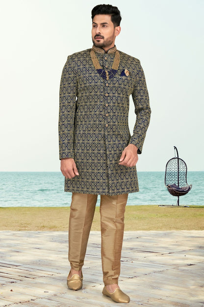 Navy Blue Colour Banarasi Silk Sherwani SH1040531