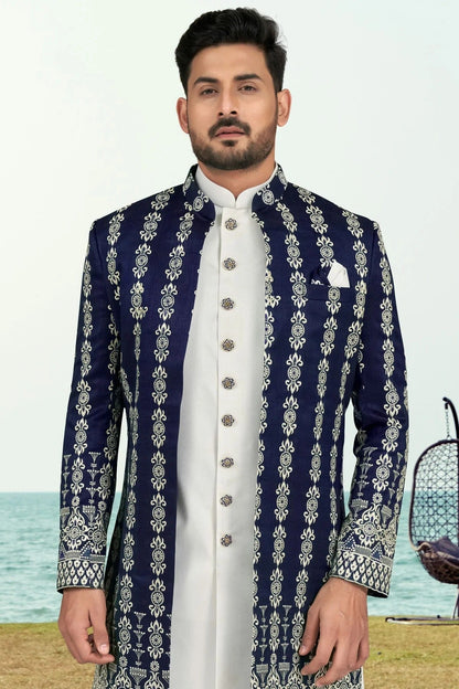 Navy Blue Colour Banarasi Silk Sherwani SH1040539 A