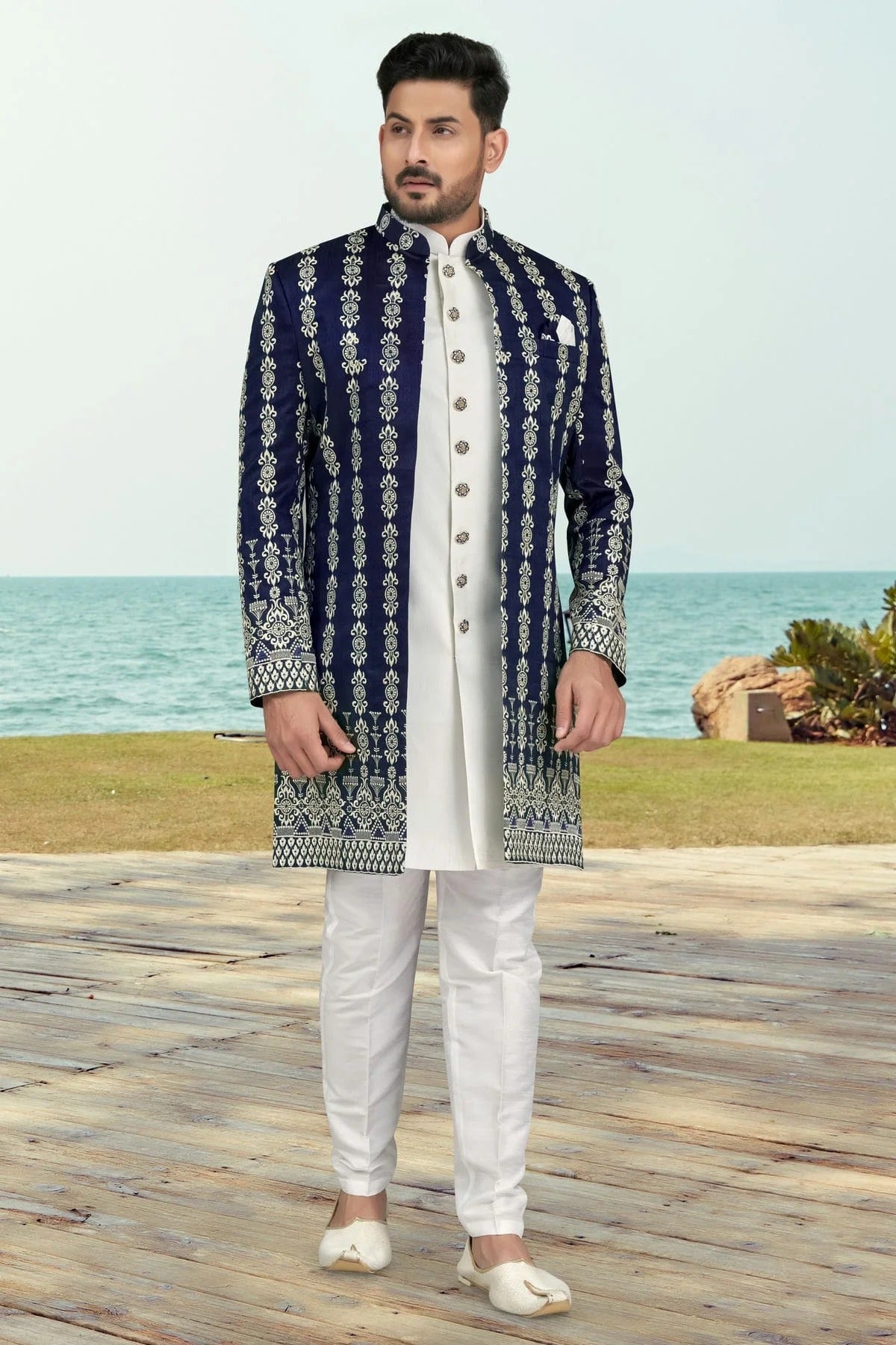 Navy Blue Colour Banarasi Silk Sherwani SH1040539