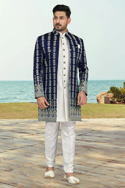 Navy Blue Colour Banarasi Silk Sherwani SH1040539