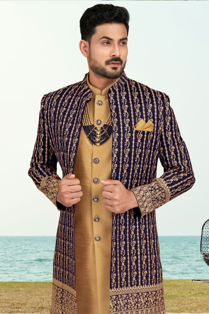 Navy Blue Colour Banarasi Silk Sherwani SH1040541 A