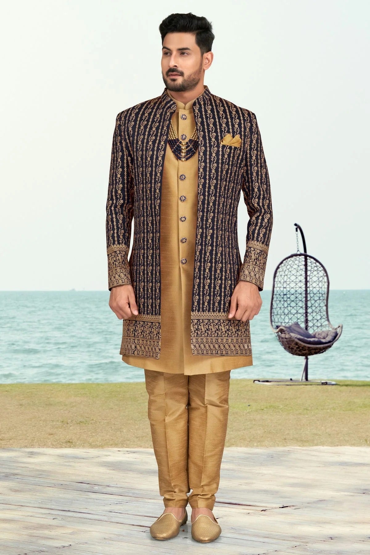 Navy Blue Colour Banarasi Silk Sherwani SH1040541
