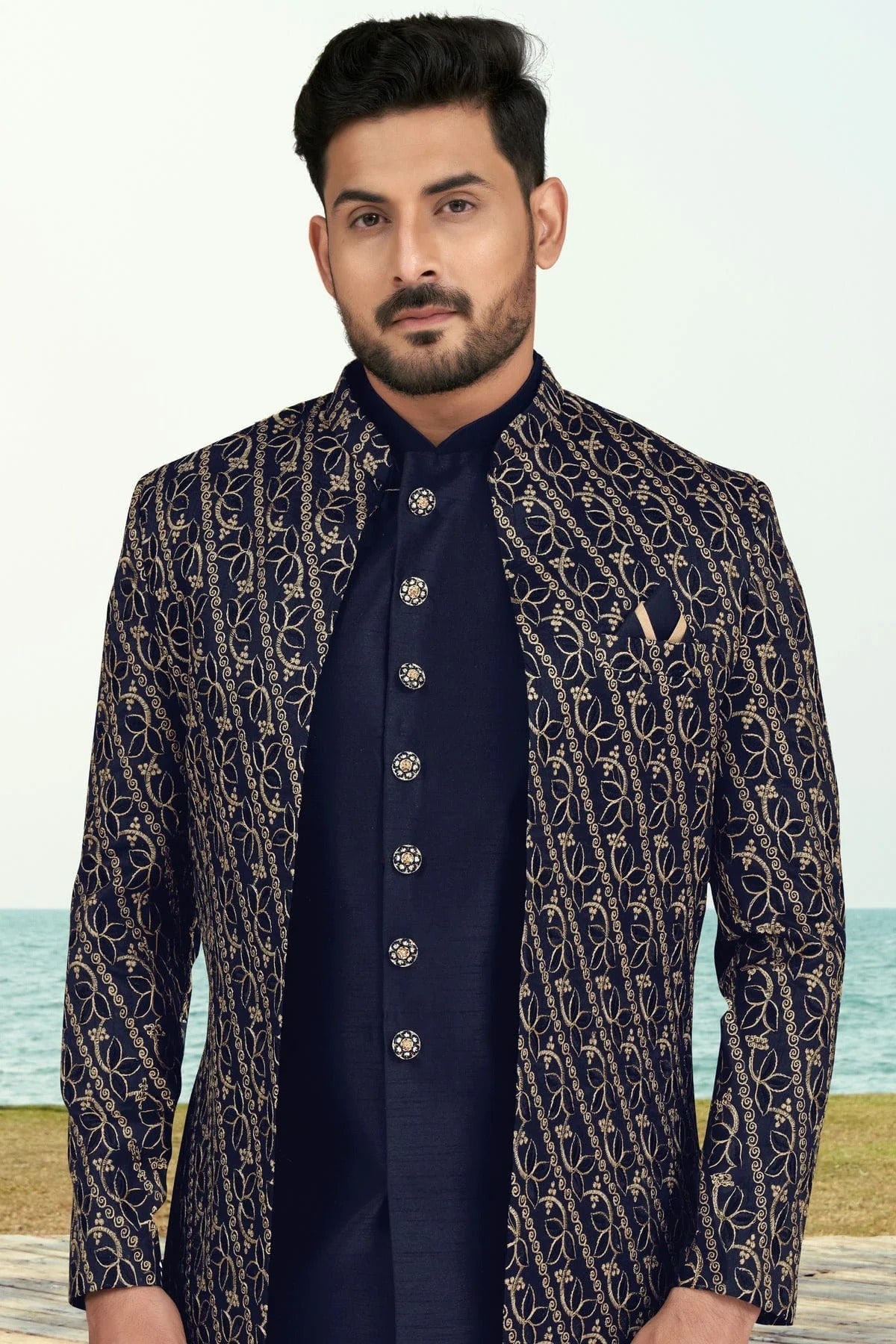 Navy Blue Colour Banarasi Silk Sherwani SH1040543 A