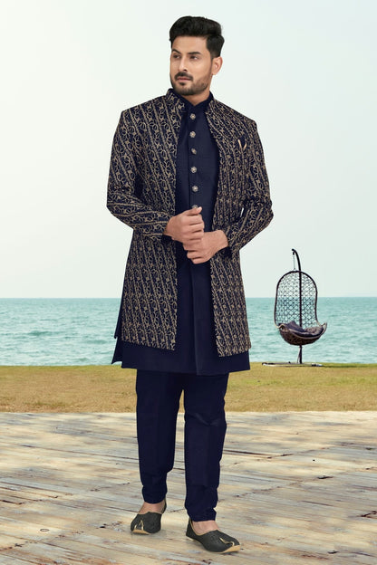 Navy Blue Colour Banarasi Silk Sherwani SH1040543