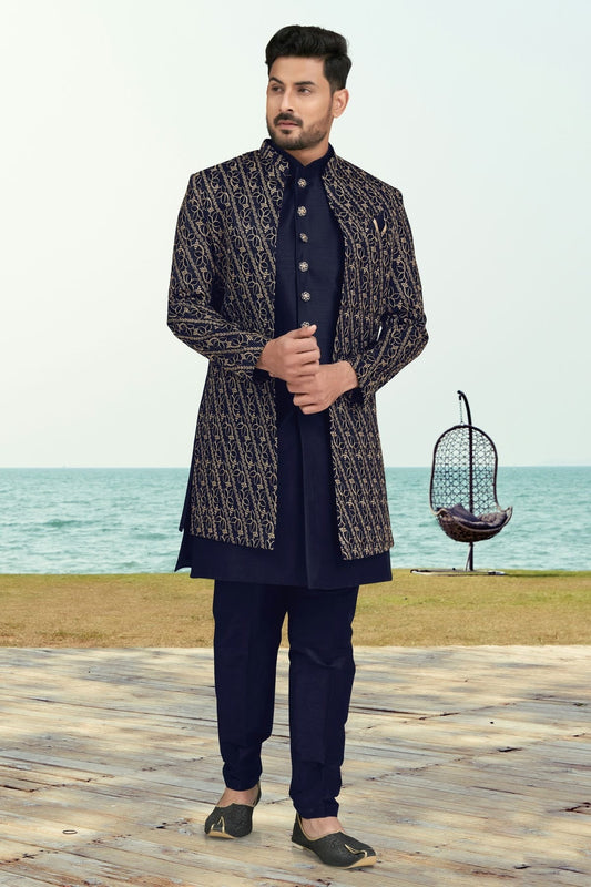 Navy Blue Colour Banarasi Silk Sherwani SH1040543