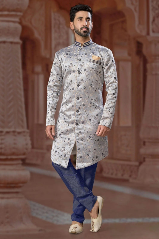 Navy Blue Colour Banarasi Soft Jacquard Sherwani SH1040582