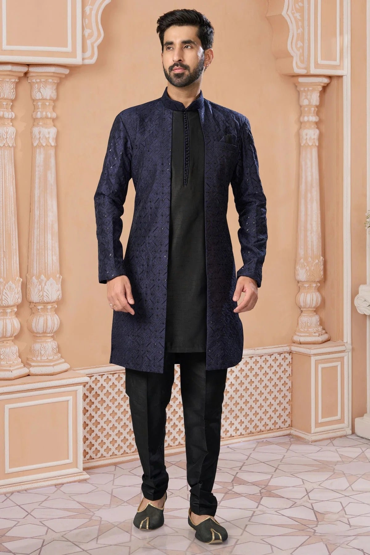 Navy Blue Colour Banglori Silk Sherwani SH1040556
