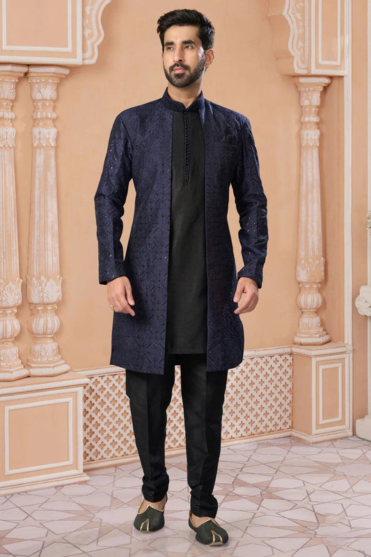 Navy Blue Colour Banglori Silk Sherwani SH1040556