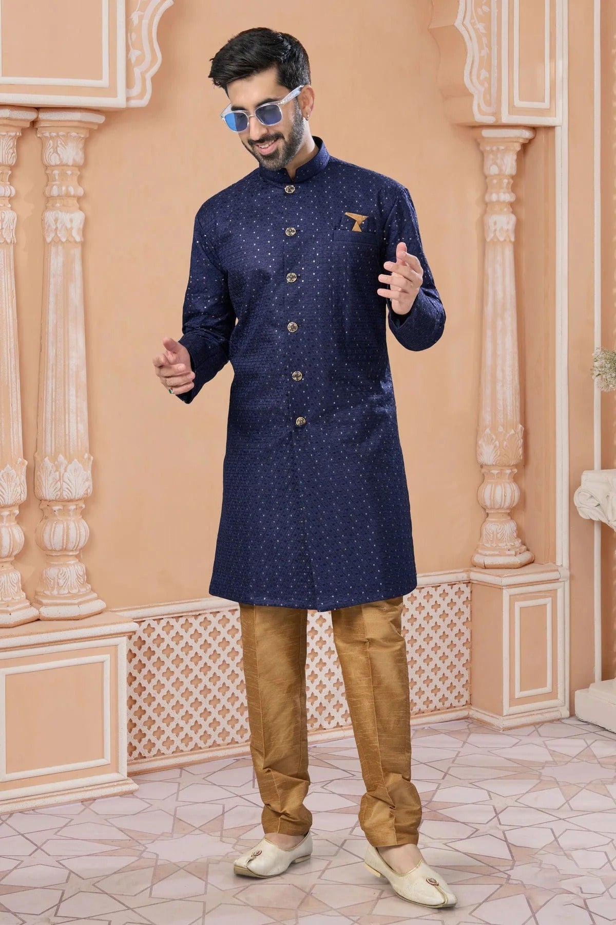 Navy Blue Colour Banglori Silk Sherwani SH1040565