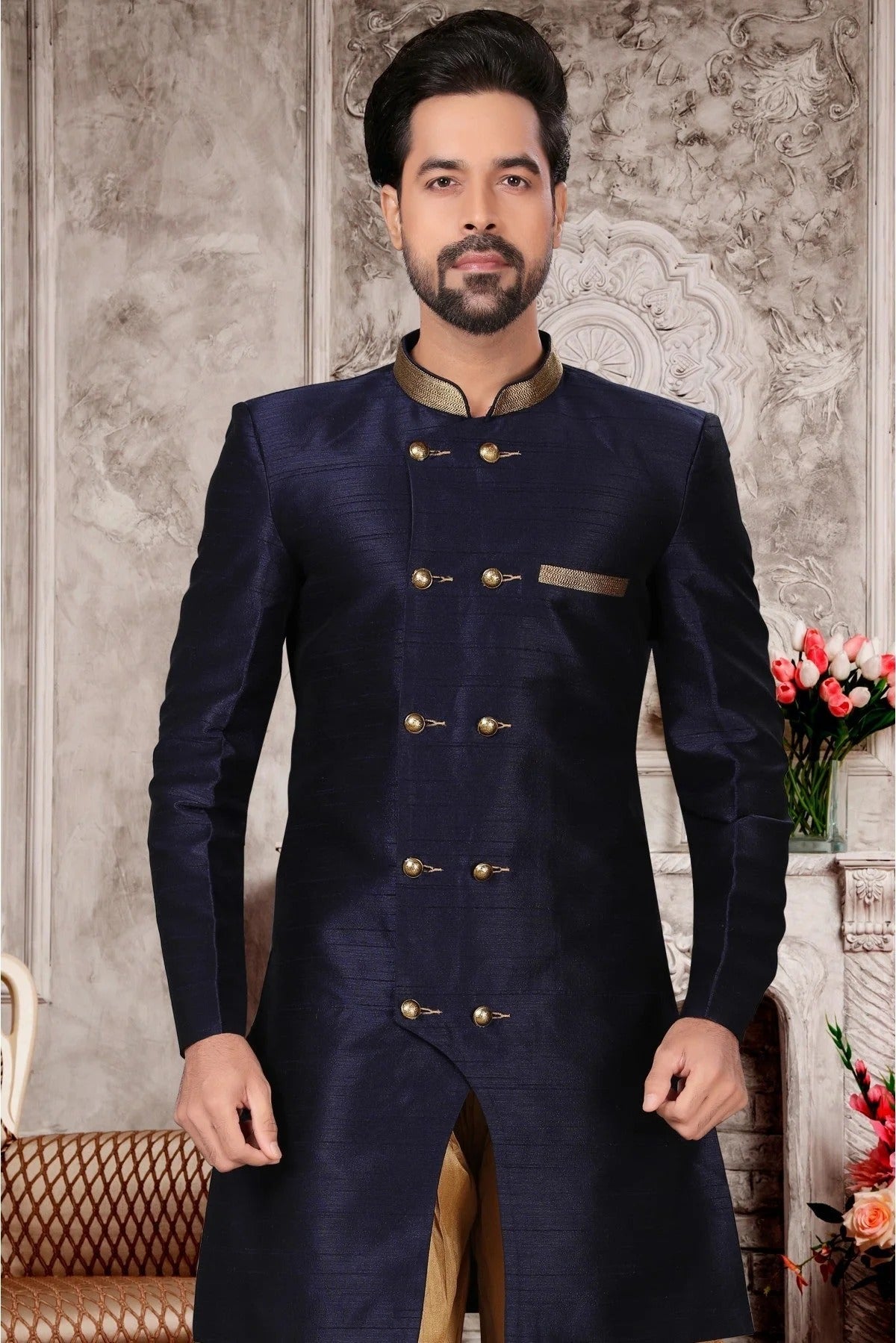 Navy Blue Colour Brocade Silk Dhoti Sherwani SH1040288 A
