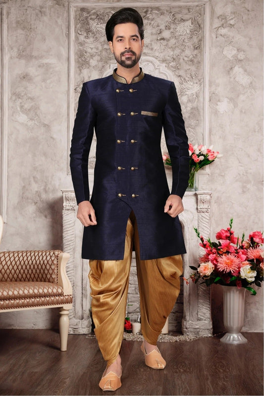 Navy Blue Colour Brocade Silk Dhoti Sherwani SH1040288