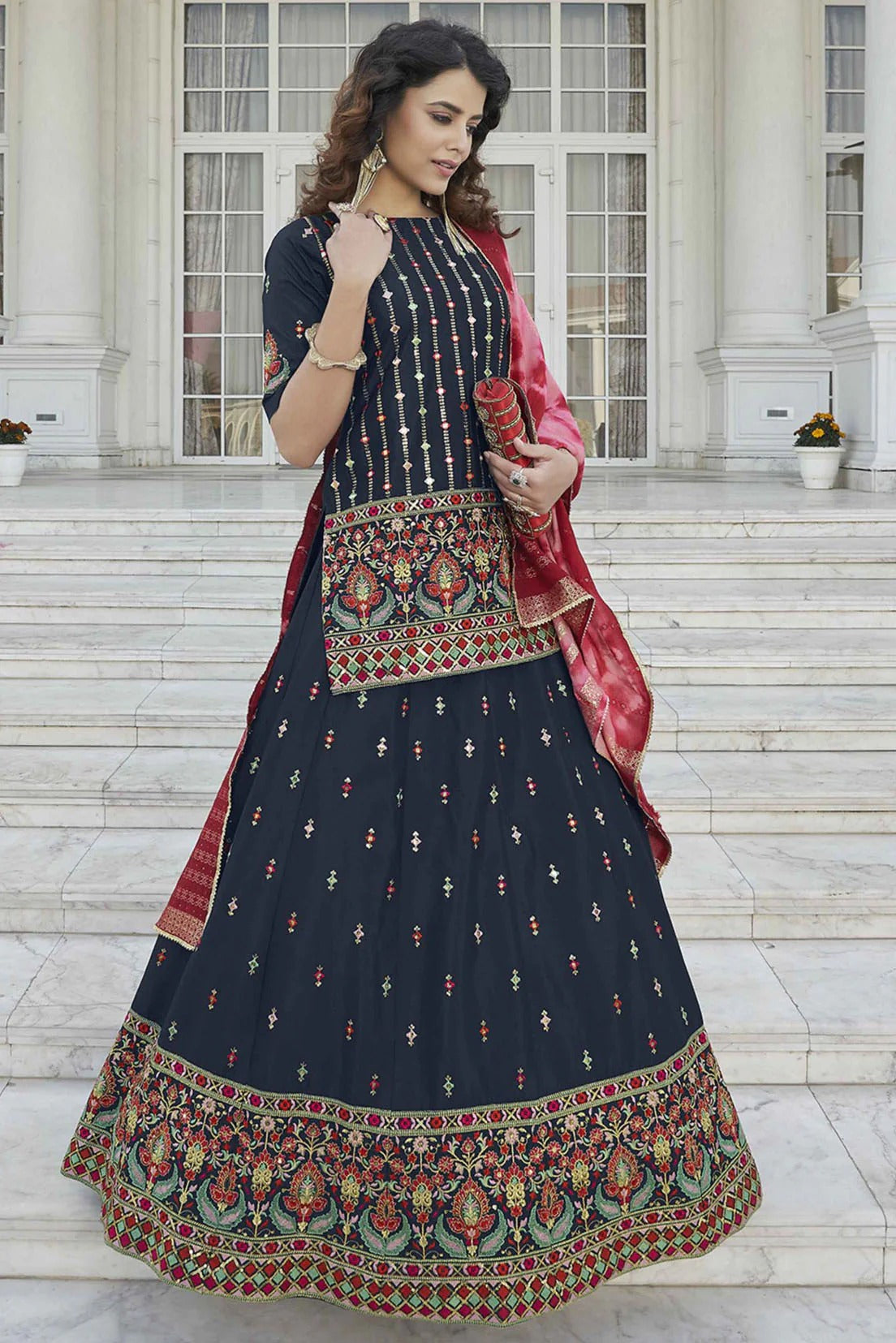 Navy Blue Colour Chinon Chiffon Embroidery Lehenga Suit SM1150212 A