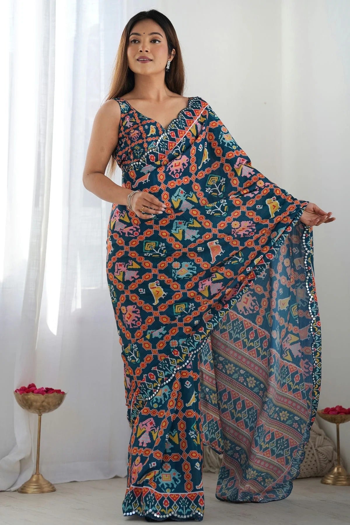 Navy Blue Colour Chinon Printed Saree SD1112075