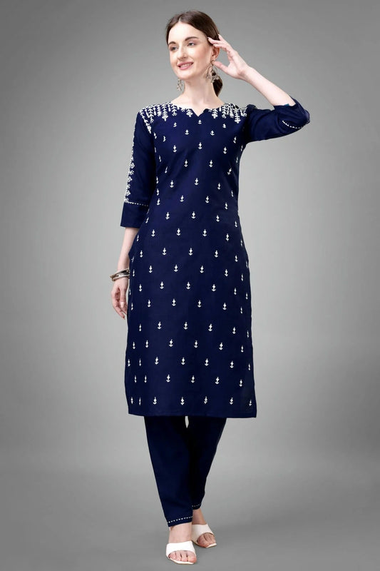 Navy Blue Colour Cotton Blend Kurta And Pant Set KR1111329