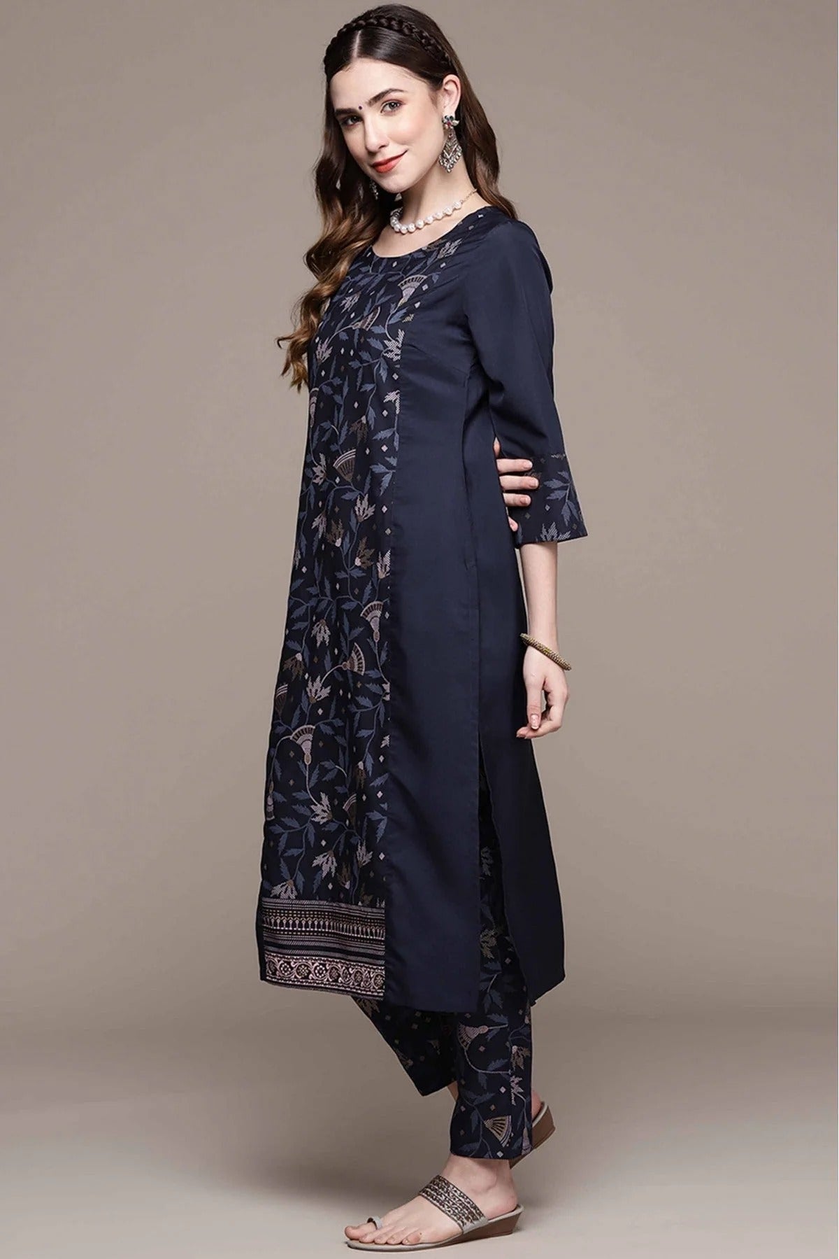 Navy Blue Colour Crepe Foil Print Kurta With Pant KR1060142 A