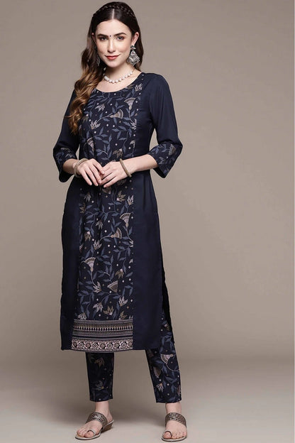 Navy Blue Colour Crepe Foil Print Kurta With Pant KR1060142