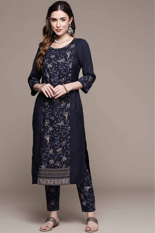 Navy Blue Colour Crepe Foil Print Kurta With Pant KR1060142