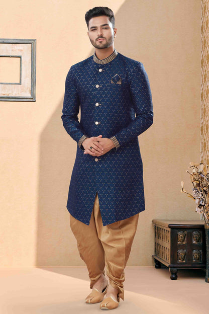 Navy Blue Colour Dhoti Sherwani In Jacquard Fabric SH1040404