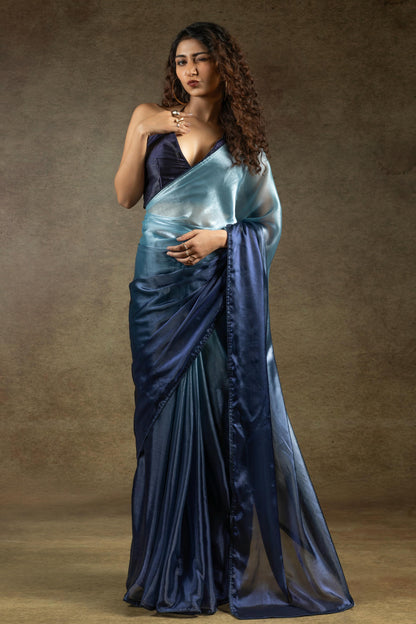 Navy Blue Colour Fendi Satin Silk Ready To Wear Saree
