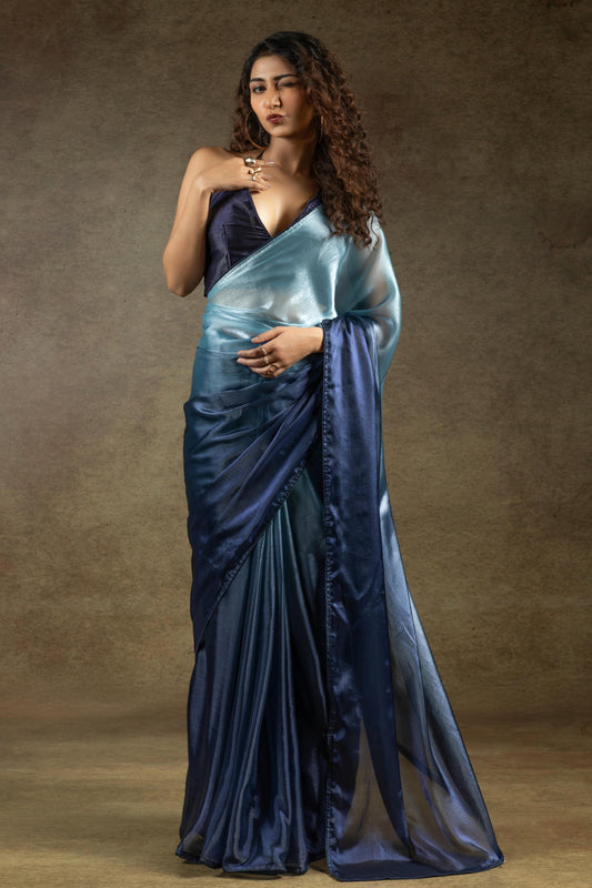 Navy Blue Colour Fendi Satin Silk Ready To Wear Saree