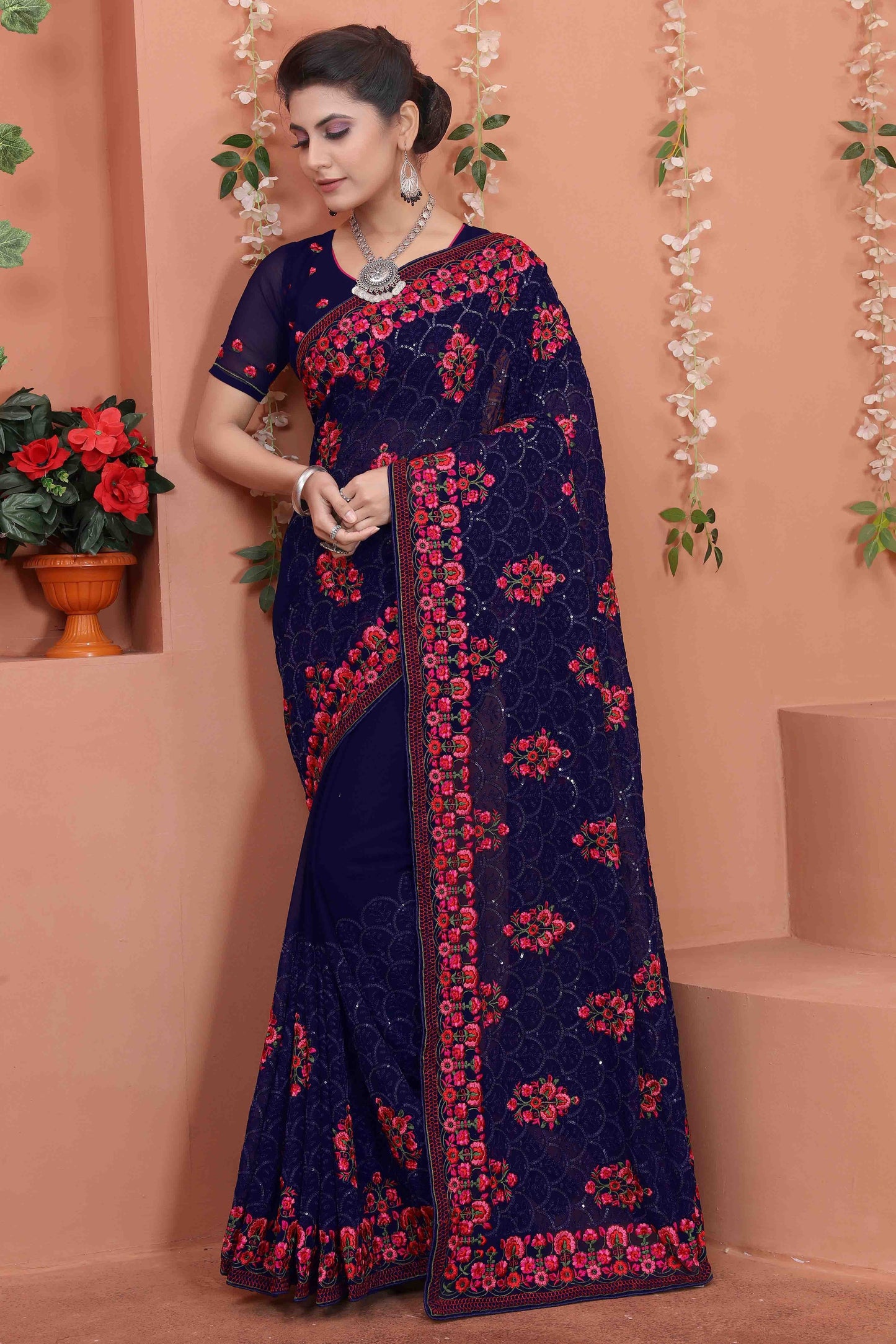 Navy Blue Colour Georgette Designer Saree SD1090533