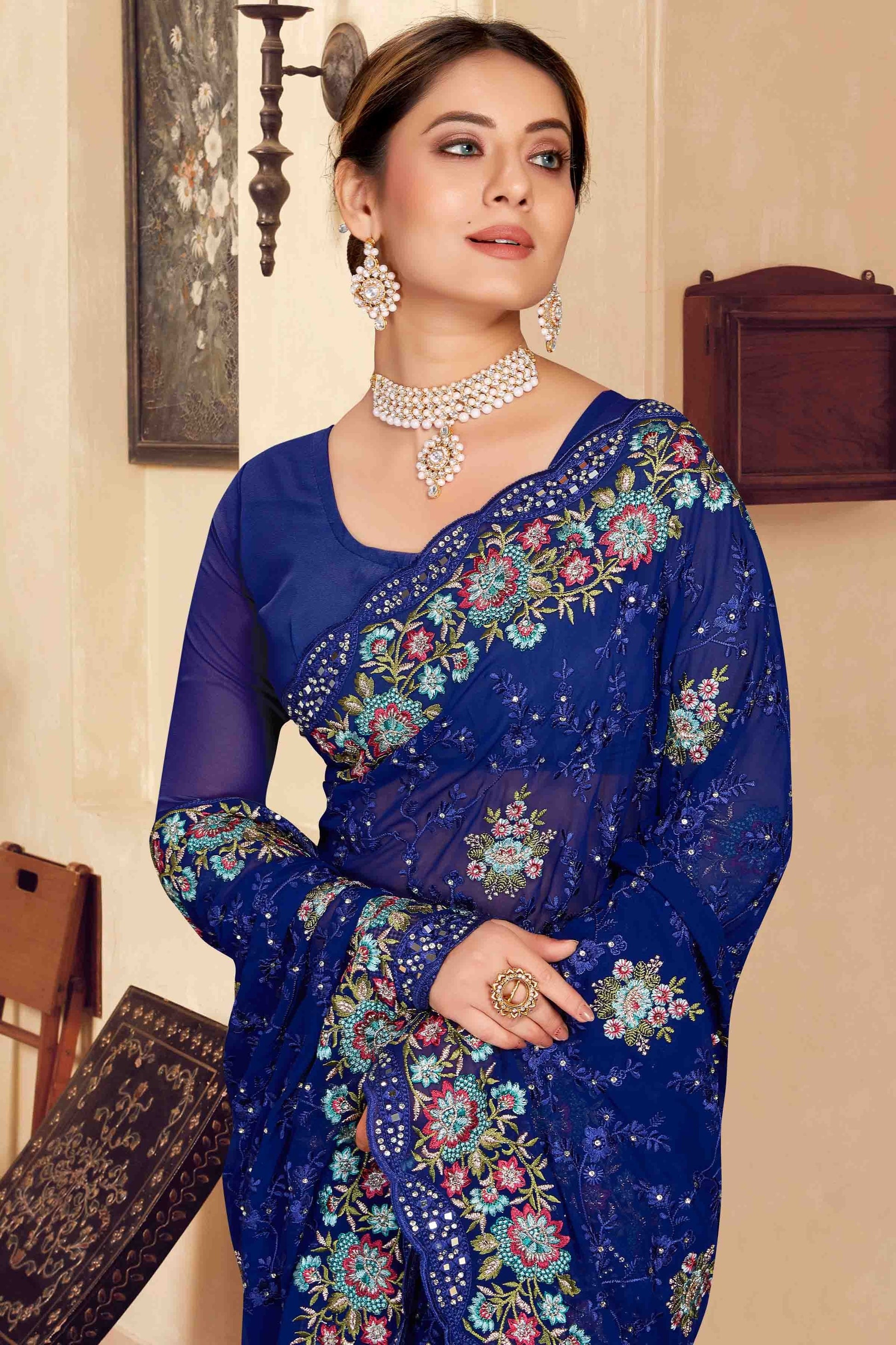 Navy Blue Colour Georgette Designer Saree SD1121150 A