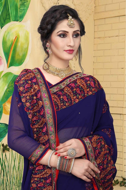 Navy Blue Colour Georgette Embroidered Saree SD1120419 A