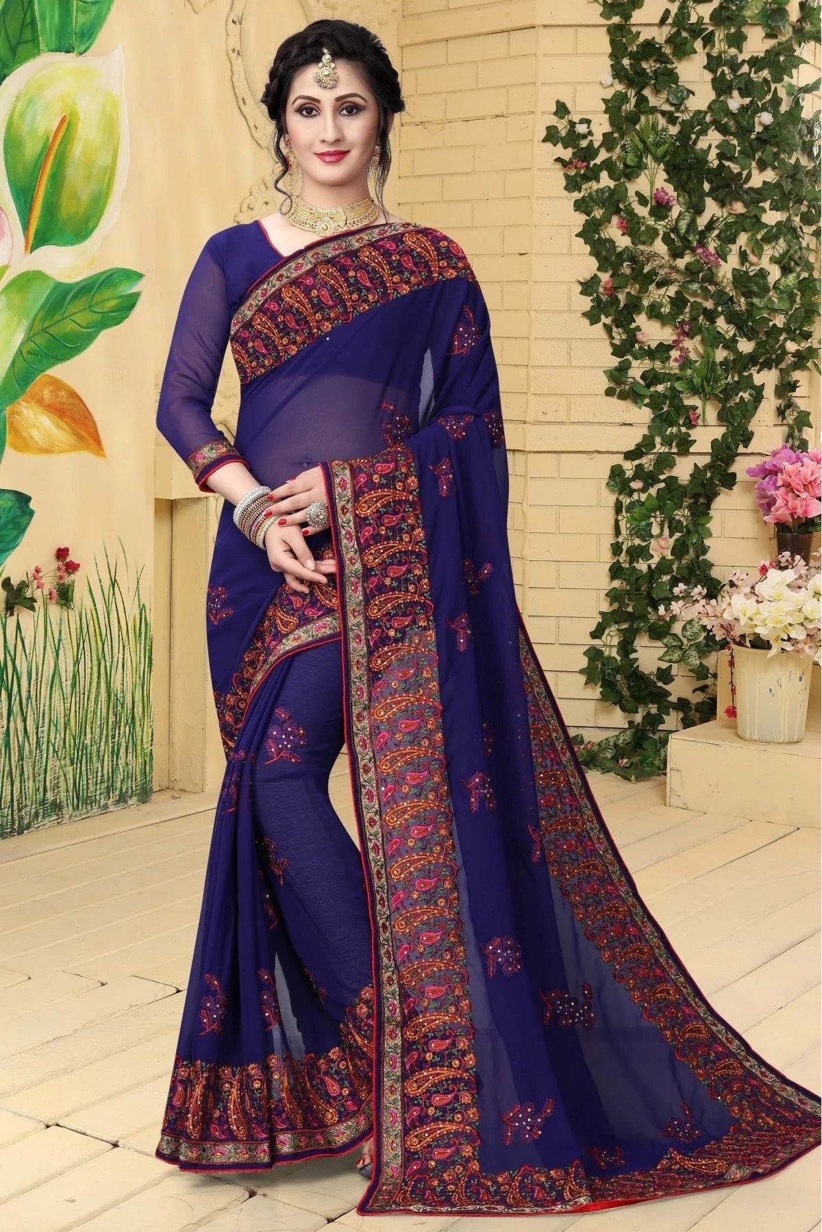 Navy Blue Colour Georgette Embroidered Saree SD1120419