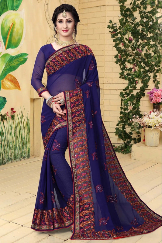 Navy Blue Colour Georgette Embroidered Saree SD1120419