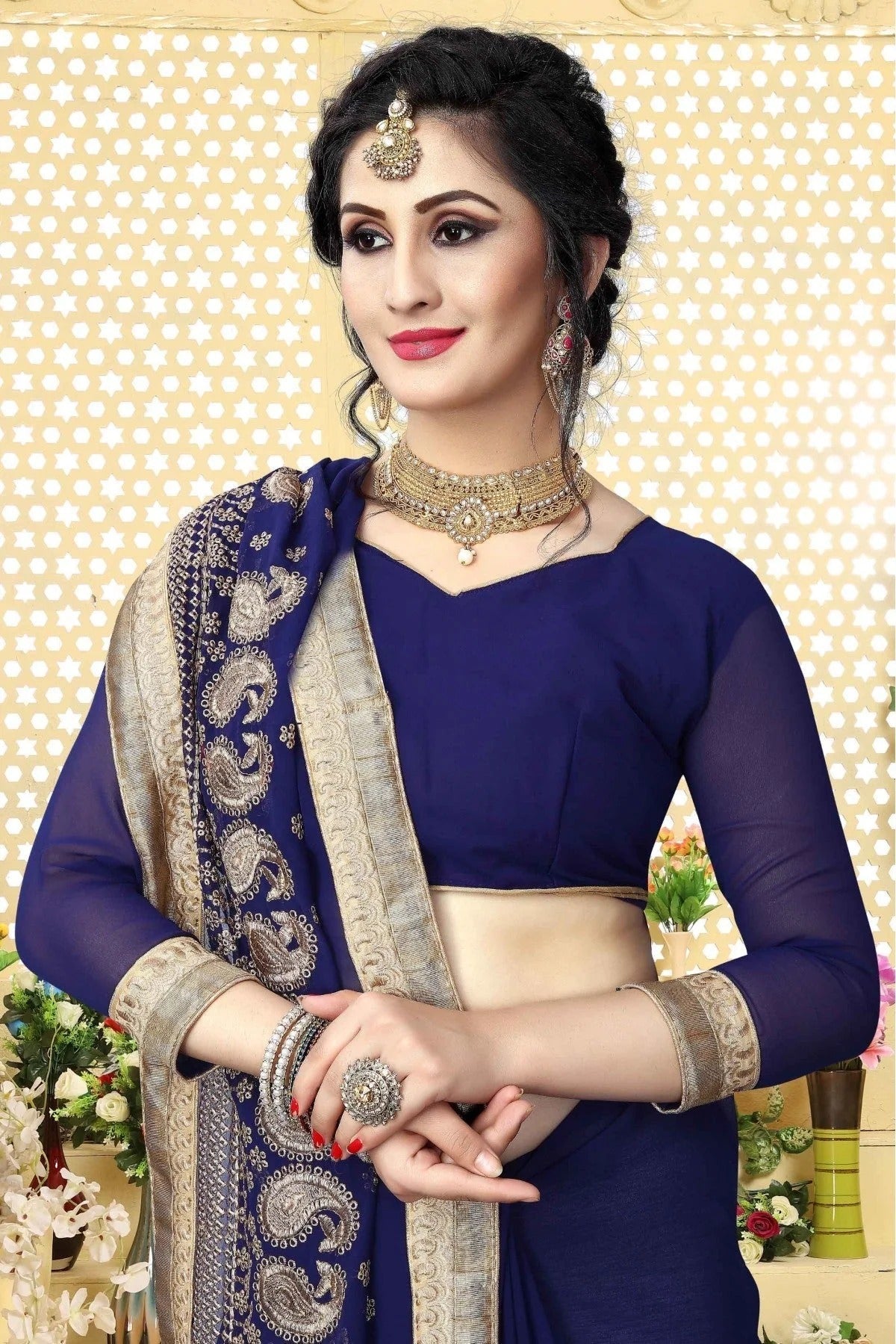 Navy Blue Colour Georgette Embroidered Saree SD1120420 A