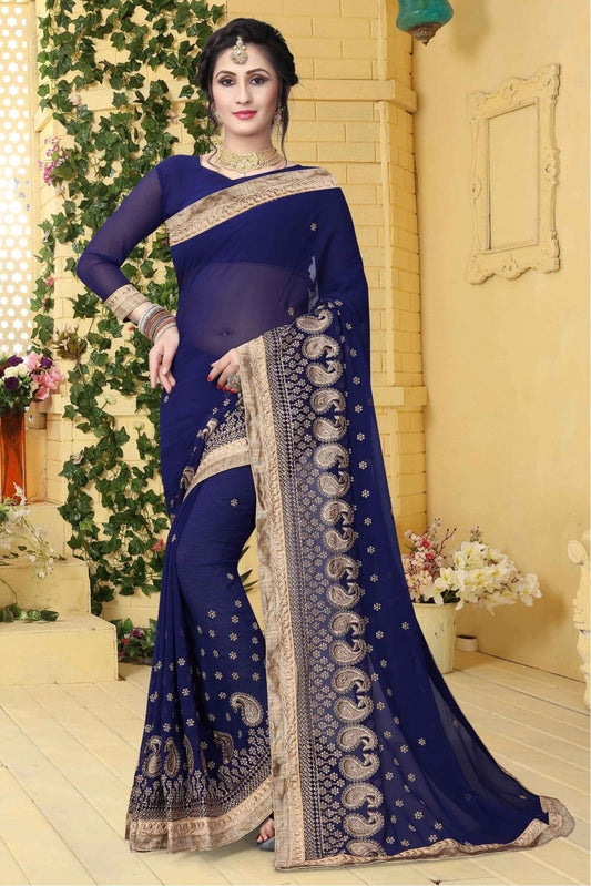 Navy Blue Colour Georgette Embroidered Saree SD1120420