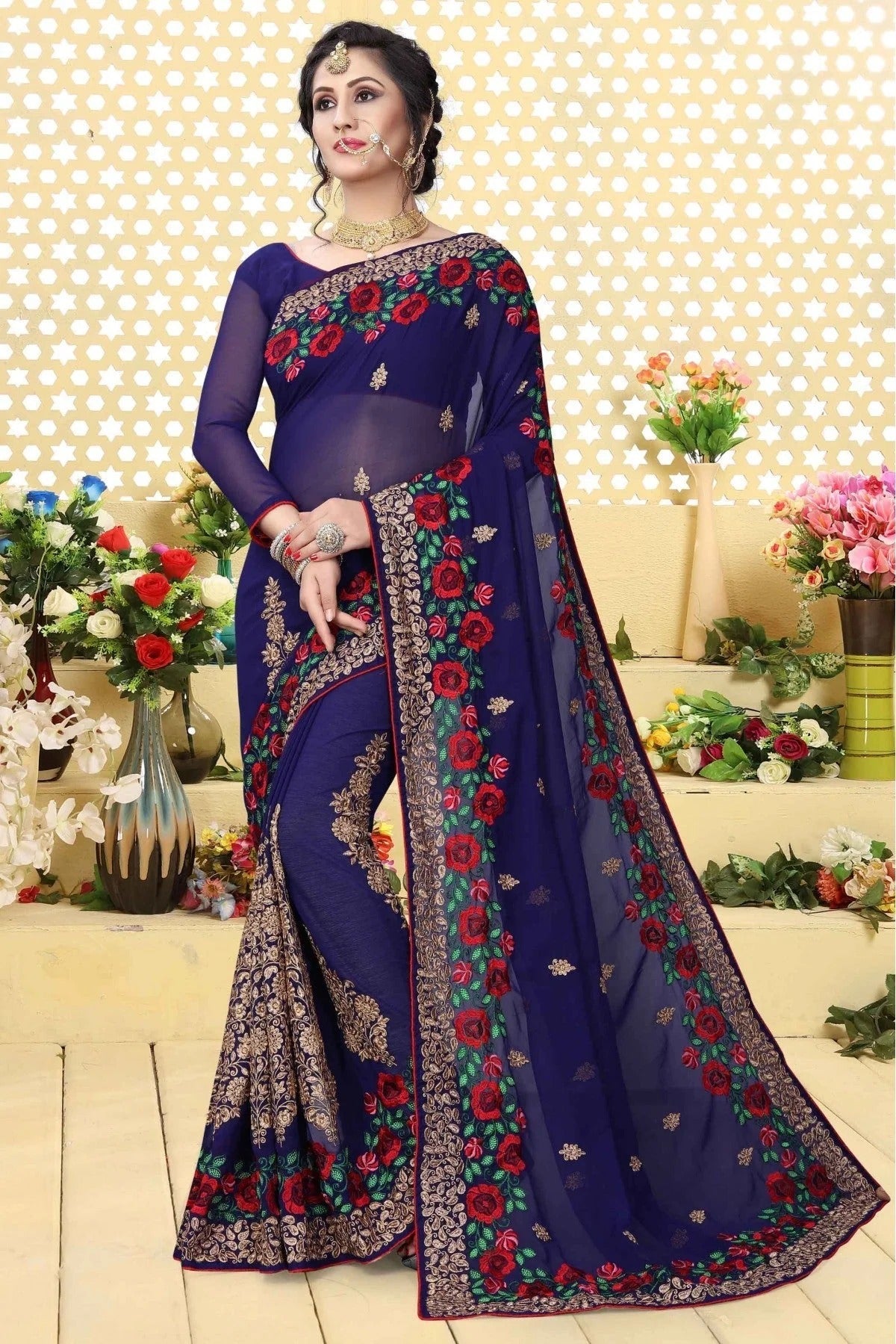 Navy Blue Colour Georgette Embroidered Saree SD1120423