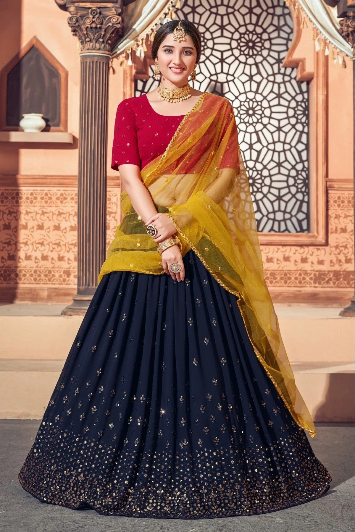 Navy Blue Colour Georgette Embroidery Lehenga Choli LC1150062