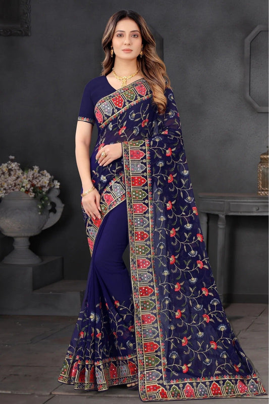 Navy Blue Colour Georgette Embroidery Saree SD1090204